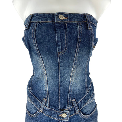 Zara Blue Strapless Tube Bandeau Denim Jeans Crop Top Mini Skirt 2 Pc Set Size S