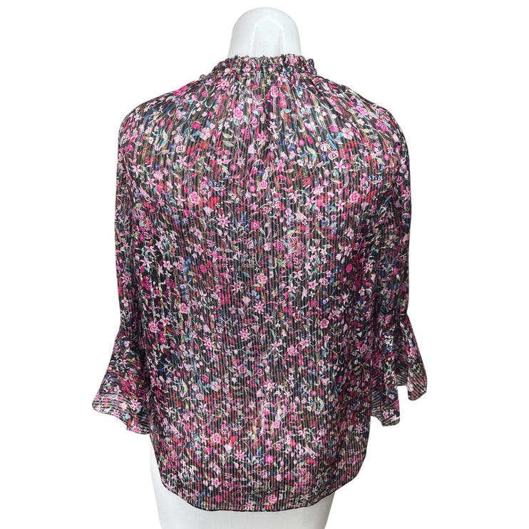 Elie Tahari Venisia Multicolor Silk Metallic Floral Pleated Plisse Blouse Top XS