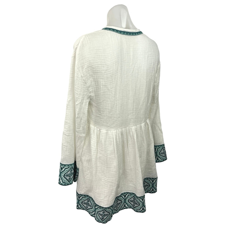 ZARA Women's White Embroidered Deep V-Neck Long Sleeve Boho Short Dress Size XS