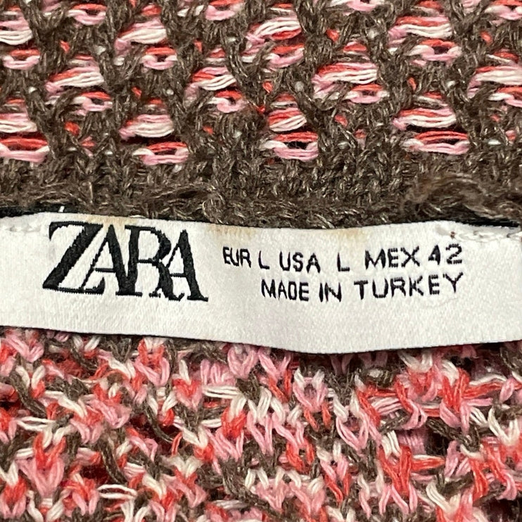 Zara Men's Brown Pink Cowboy Western Crochet Button Down Shirt Top Size L