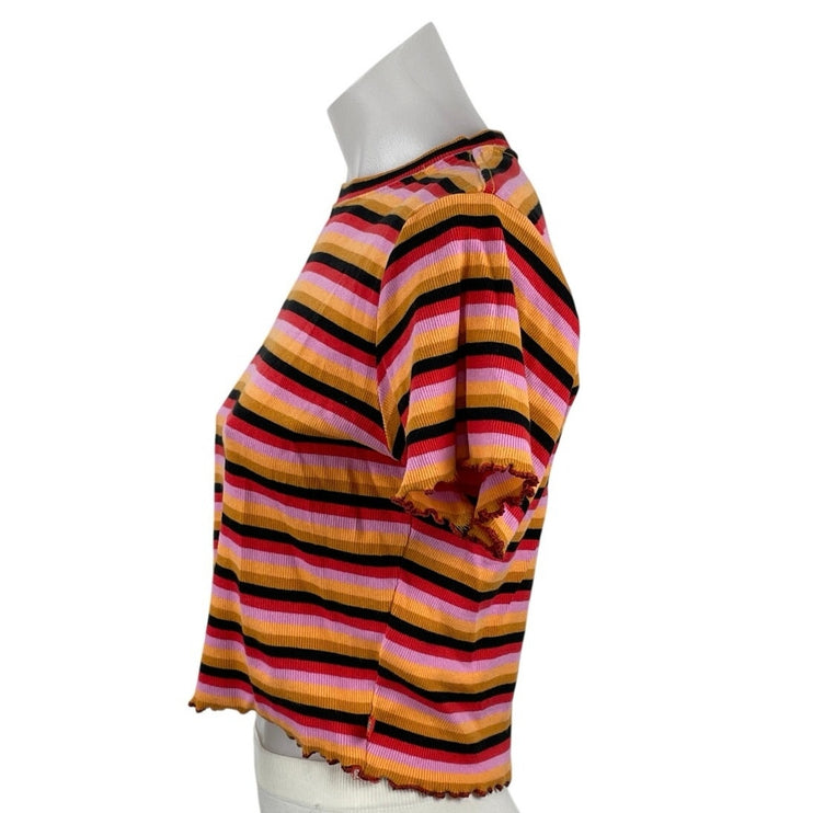 Dickies Women's Multicolor Striped Retro Short Sleeve Crop T Shirt Tee Top Sz L