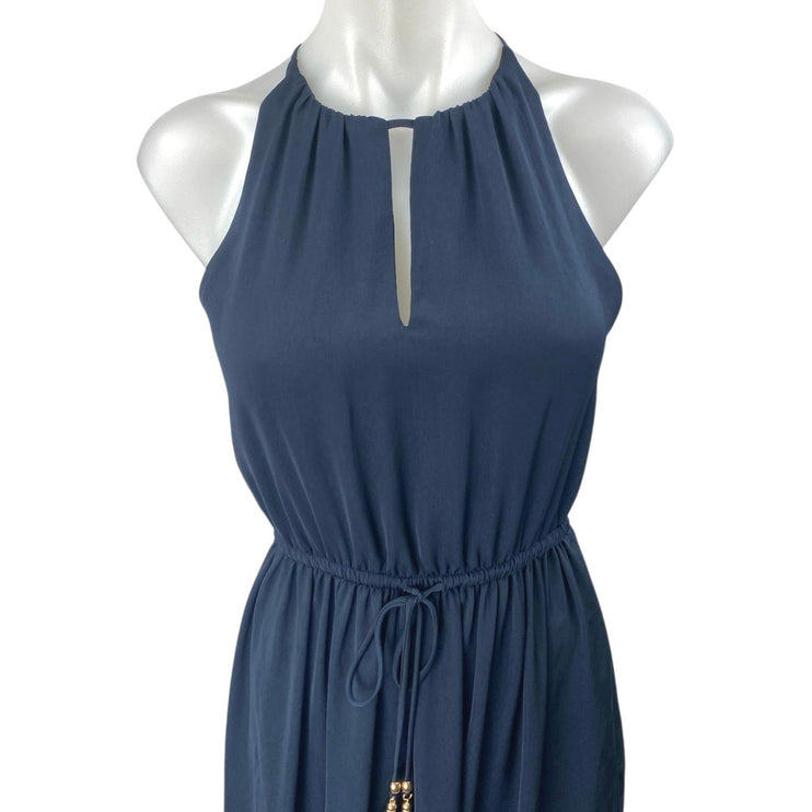 H&M Navy Blue Sleeveless High Neck Tie Waist Keyhole Blouson Maxi Dress Size 0