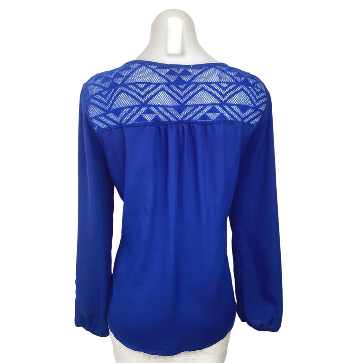 Meraki Blue Mesh Panel Crew Neck Long Sleeve Relaxed Fit Curved Hem Blouse Sz M