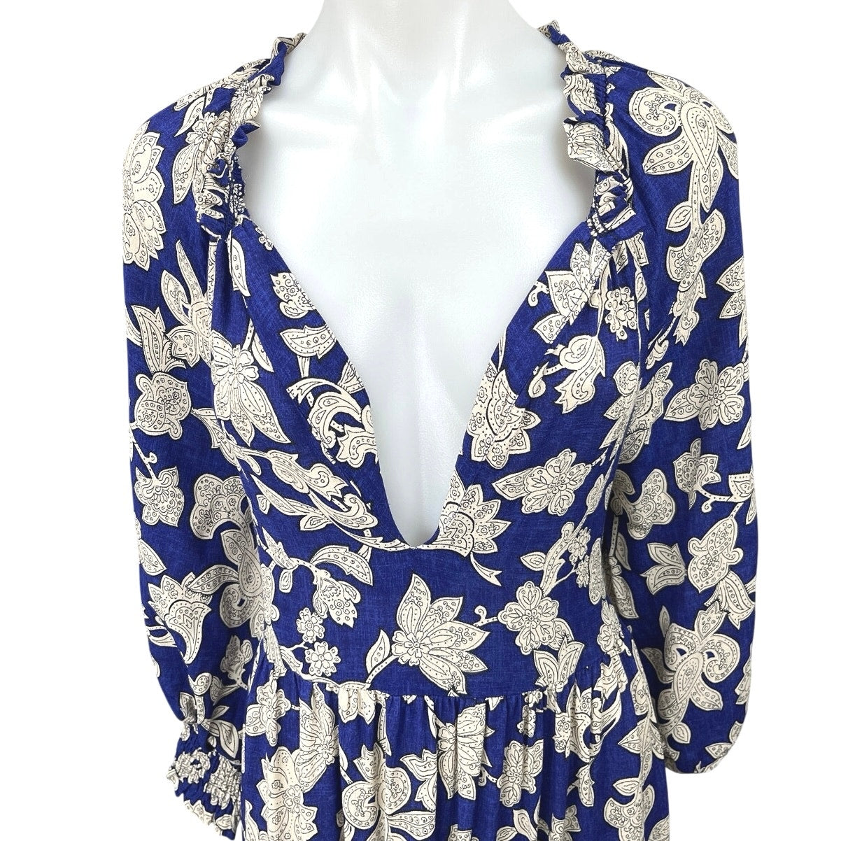 Zara Blue White Floral Plunge V-Neck 3/4 Balloon Sleeve Midi Maxi A-li Brie Zara Blue White Floral Plunge V-Neck 3/4 Balloon Sleeve Midi Maxi A-li Brie