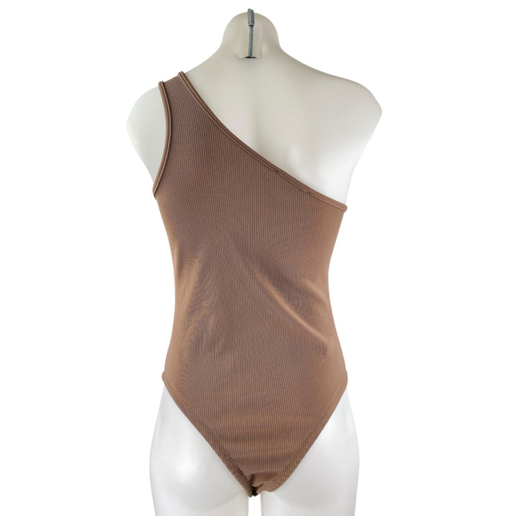 Bacio Women's Brown Rib Knit Sleeveless One Shoulder Yoga Bodysuit Tank Top Sz S