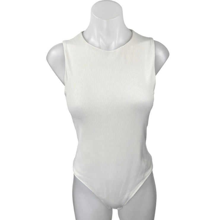 Aritzia Babaton White Sleeveless Ribbed Knit Tank Thong Bodysuit Top Size L