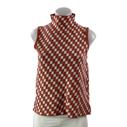 Nicole Miller Red White Sleeveless Geometric Check Mock Neck Knit Tank Top Sz M