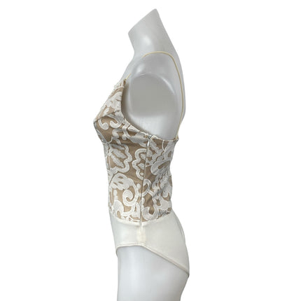 Hello Molly White Beige Floral Lace Sleeveless V Neck Cami Tank Bodysuit Top XS