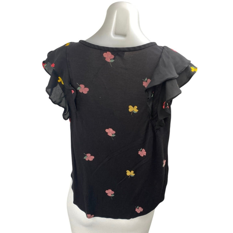 Ann Taylor LOFT Black Floral Short Flutter Sleeve Crew Neck Blouse Top Size S