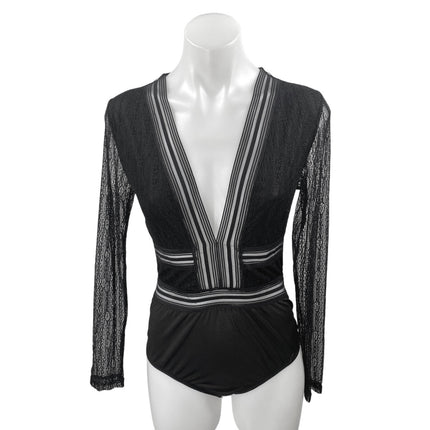 Lulus Casita Black Sheer Lace Long Sleeve Plunge V-neck Bodysuit Blouse Top Sz M