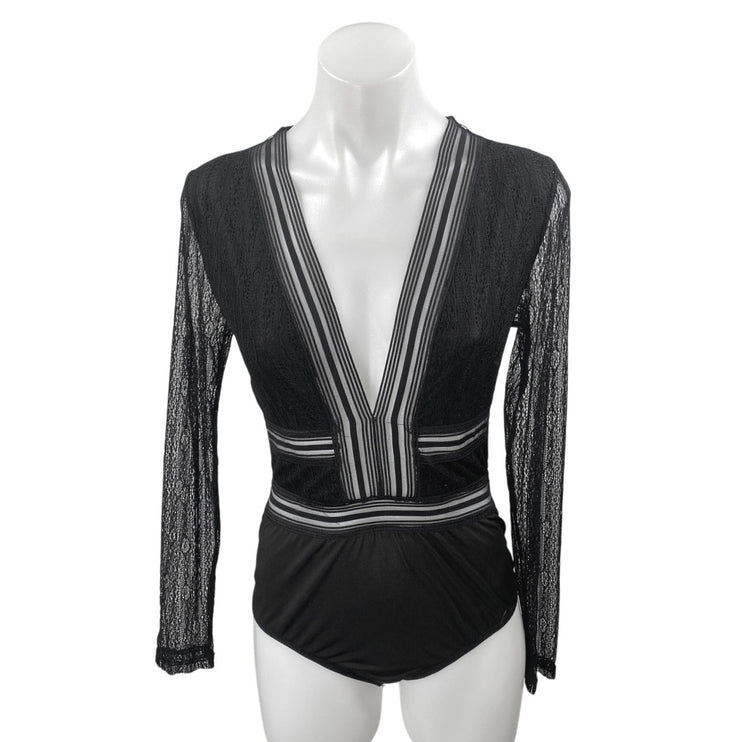 Lulus Casita Black Sheer Lace Long Sleeve Plunge V-neck Bodysuit Blouse Top Sz M