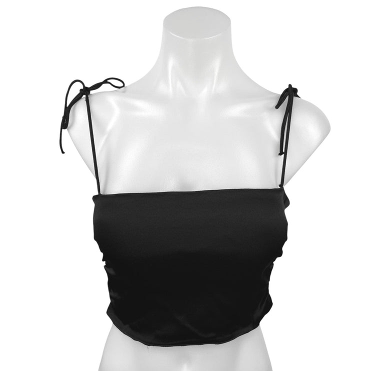 Zara Black Silk Satin Tie Spaghetti Strap Smocked Crop Cami Camisole Tank Top M