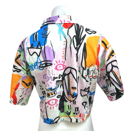 Shein Multicolor Graffiti Print Button Down Short Sleeve Crop Shirt Blouse Top S