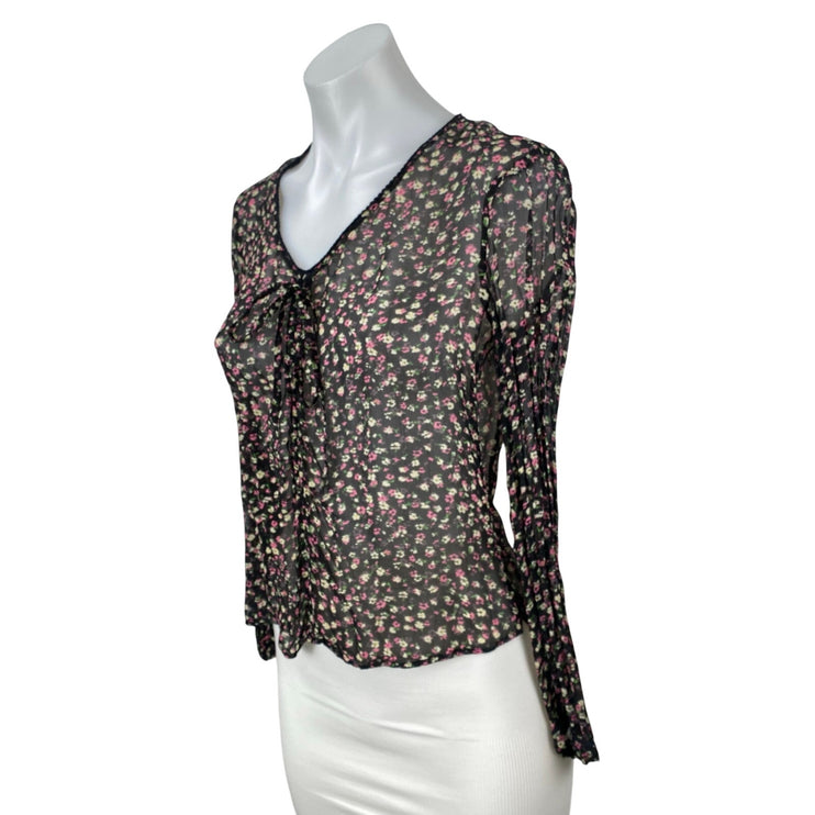Allsaints Women's Black Floral Mesh Sheer Long Sleeve Tie Blouse Top Size M