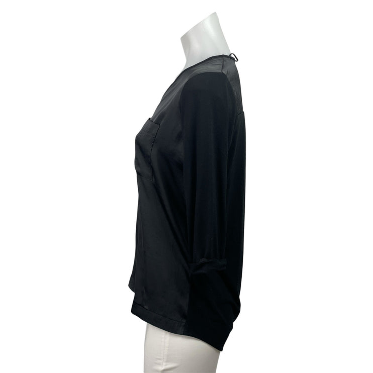 Vince Camuto Women's Black Silk Satin 3/4 Sleeve Gold Zip Blouse Top Size PS