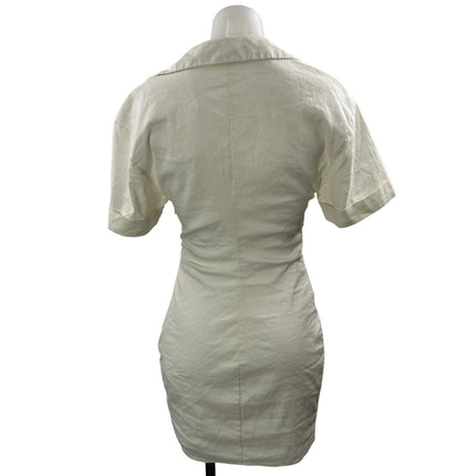 Zara Ivory White Stretch Linen Short Sleeves Tie Front Mini Bodycon Dress Size S