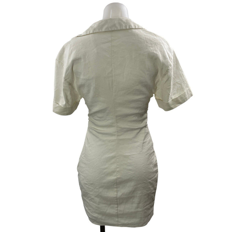 Zara Ivory White Stretch Linen Short Sleeves Tie Front Mini Bodycon Dress Size S