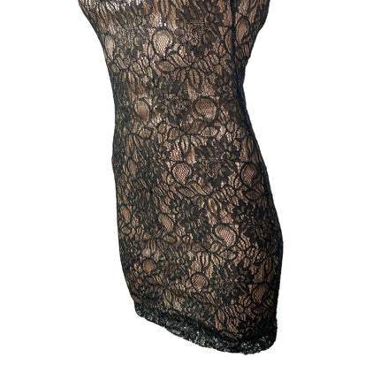 Soky & Soka Women's Black Floral Lace Cap Sleeve Open Back Mini Bodycon Dress S