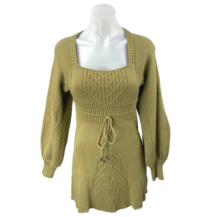 Free People Emmaline Green Long Balloon Sleeve Cutout Back Mini Sweater Dress S