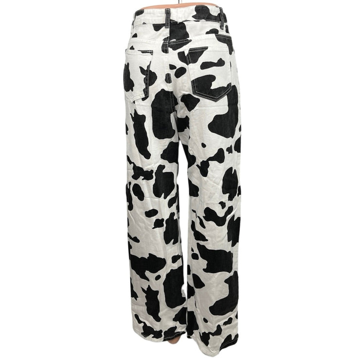 Shein Black White Cow Print High Rise Ankle Baggy Wide Leg Jeans Size XS