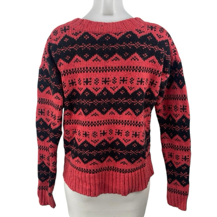 French Connection Womens Red Black Fair Isle Knit Long Sleeve Sweater Top Size S