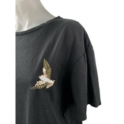 Le31 Simons Womens Black Sequin Bird Embroidered Crewneck T Shirt Tee Top Size L