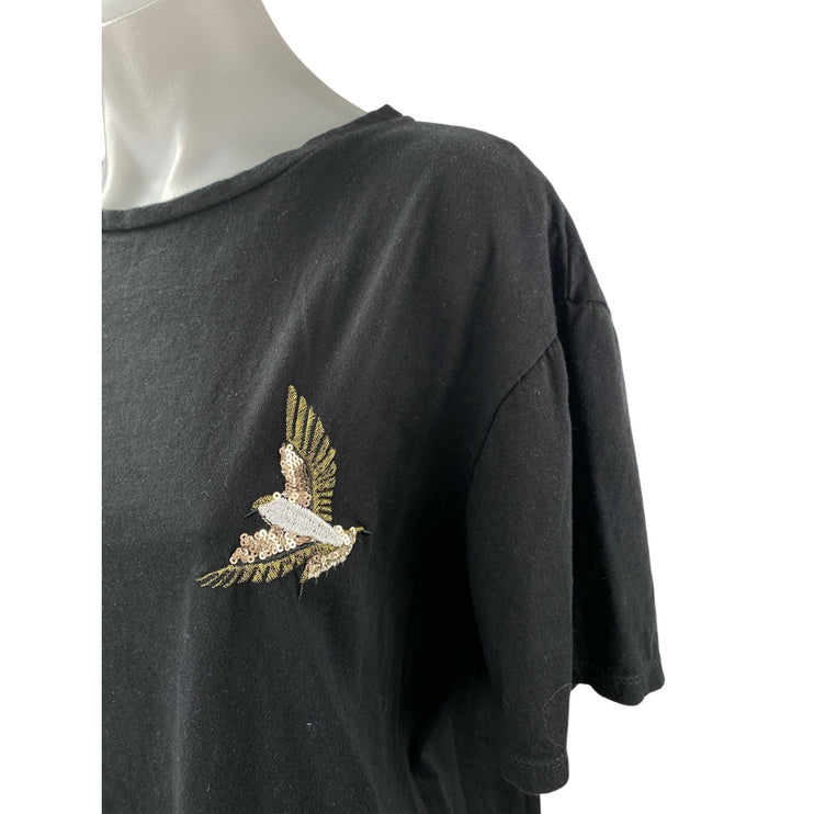 Le31 Simons Womens Black Sequin Bird Embroidered Crewneck T Shirt Tee Top Size L