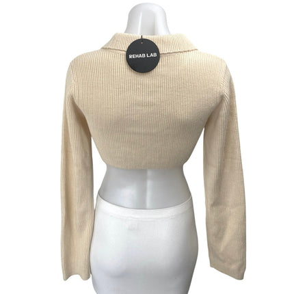 NEW Rehab Lab Beige Ribbed Knit Long Sleeve Pin Collar Cardigan Crop Top Size S