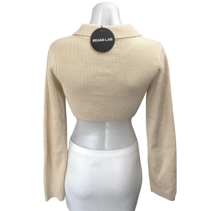 NEW Rehab Lab Beige Ribbed Knit Long Sleeve Pin Collar Cardigan Crop Top Size S