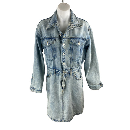 MNG Mango Women's Blue Denim Collared Long Sleeve Button Down Mini Shirt Dress 8