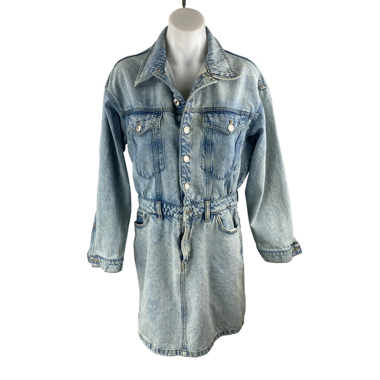 MNG Mango Women's Blue Denim Collared Long Sleeve Button Down Mini Shirt Dress 8