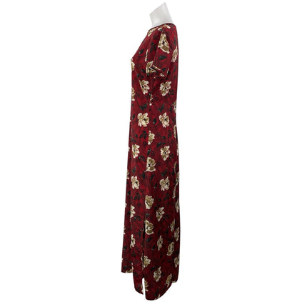 Lynn Lugo Women's Maroon Red Floral Print Short Sleeves Straight Maxi Dress Sz S