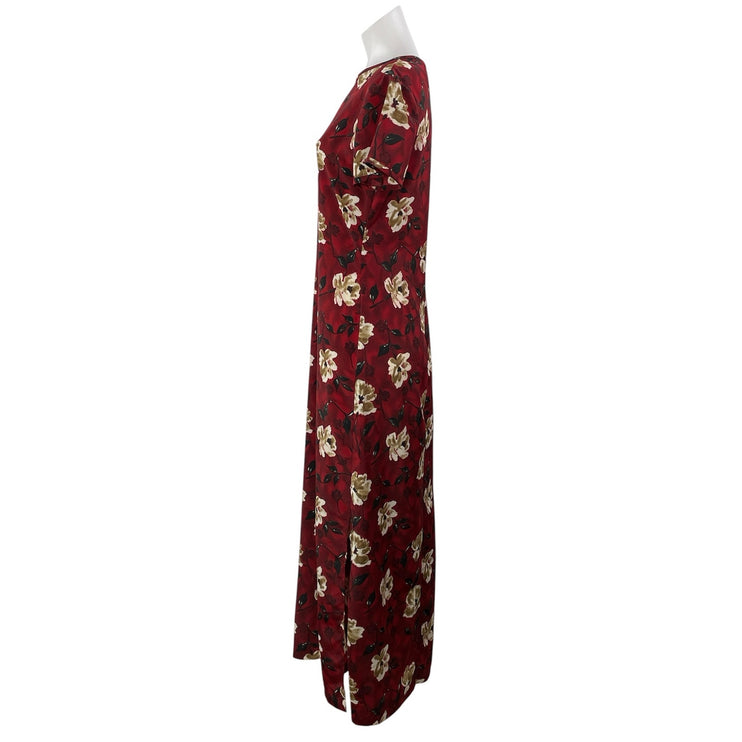 Lynn Lugo Women's Maroon Red Floral Print Short Sleeves Straight Maxi Dress Sz S