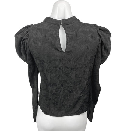 Zara Black Floral Textured Ruched Puff Long Sleeve Crew Neck Blouse Top Size S