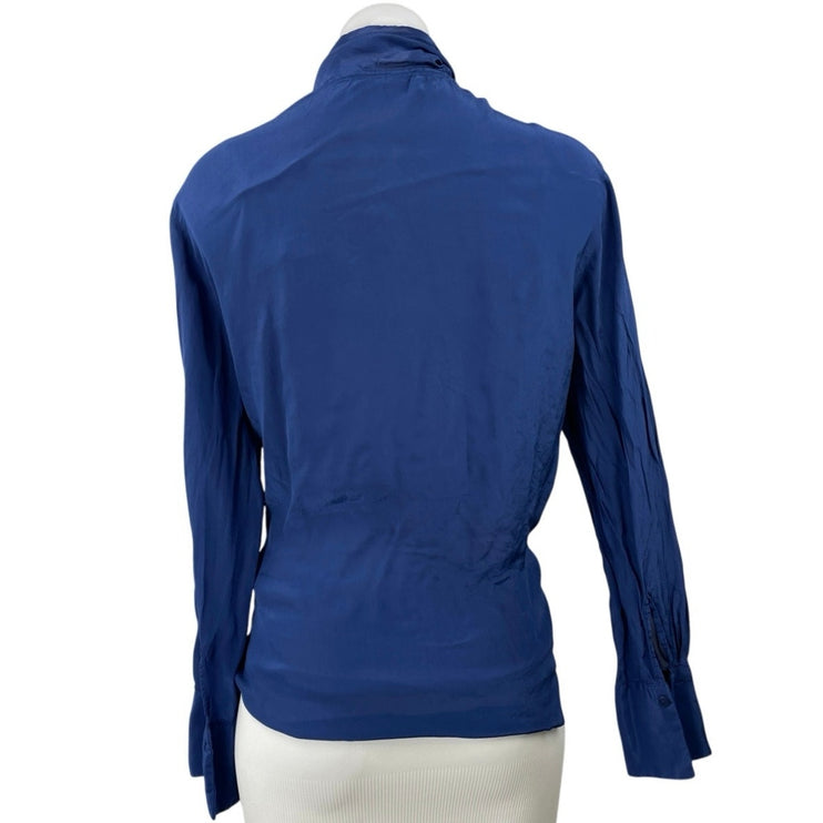 Mango MNG Women's Blue Satin Pussy Bow Tie Neck Long Sleeve Shirt Blouse Top 6