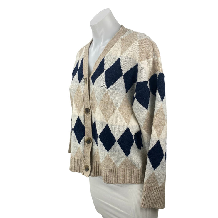Zizae Women's Beige Argyle Diamond Long Sleeve Button Up Cardigan Sweater Size M