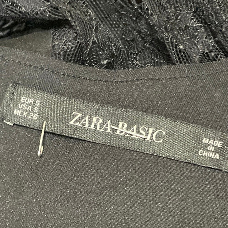 Zara Womens Black Floral Lace Mesh Long Sleeve Zip Mini Sheath Dress Size S