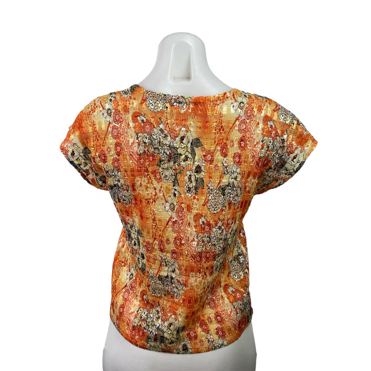 Belissimo Women's Coral Floral Short Sleeve Smocked Stretch Blouse Top Size LP