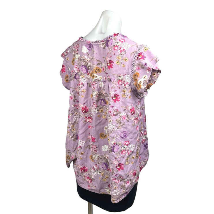 Buffalo David Bitton Purple Split V-Neck Flutter Sleeve Floral Blouse Top Size M