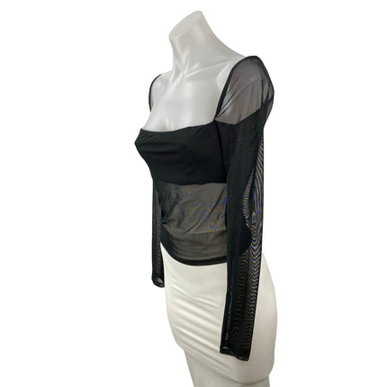 Edikted Women Black Mesh Sheer Bandeau Square Neck Long Sleeve Blouse Top Size S