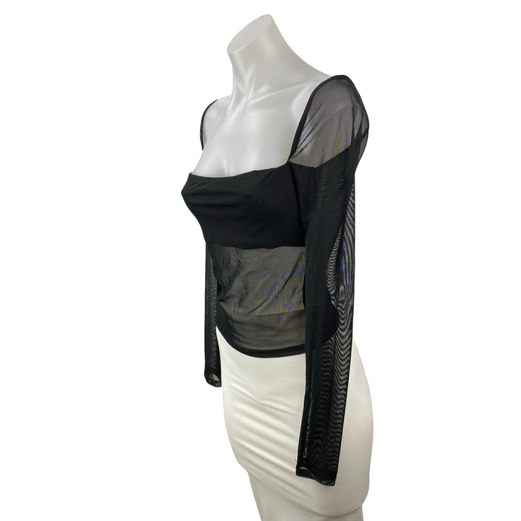 Edikted Women Black Mesh Sheer Bandeau Square Neck Long Sleeve Blouse Top Size S