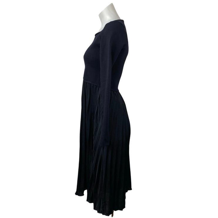 Witchery Women's Blue Black Pleated Square Neck Long Sleeve Midi A-Line Dress S