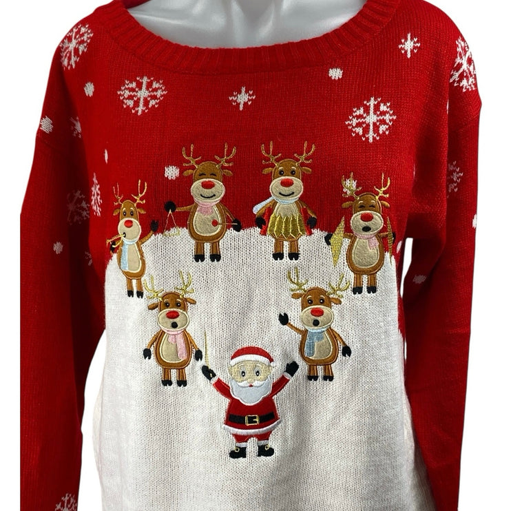 Women's Red Santa Claus Reindeer Fair Isle Embroidered Long Sleeve Sweater Sz M