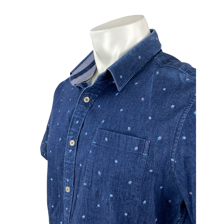 7 Diamonds Men's Blue Floral Embroidery Denim Stretch Button Down Shirt Top Sz L