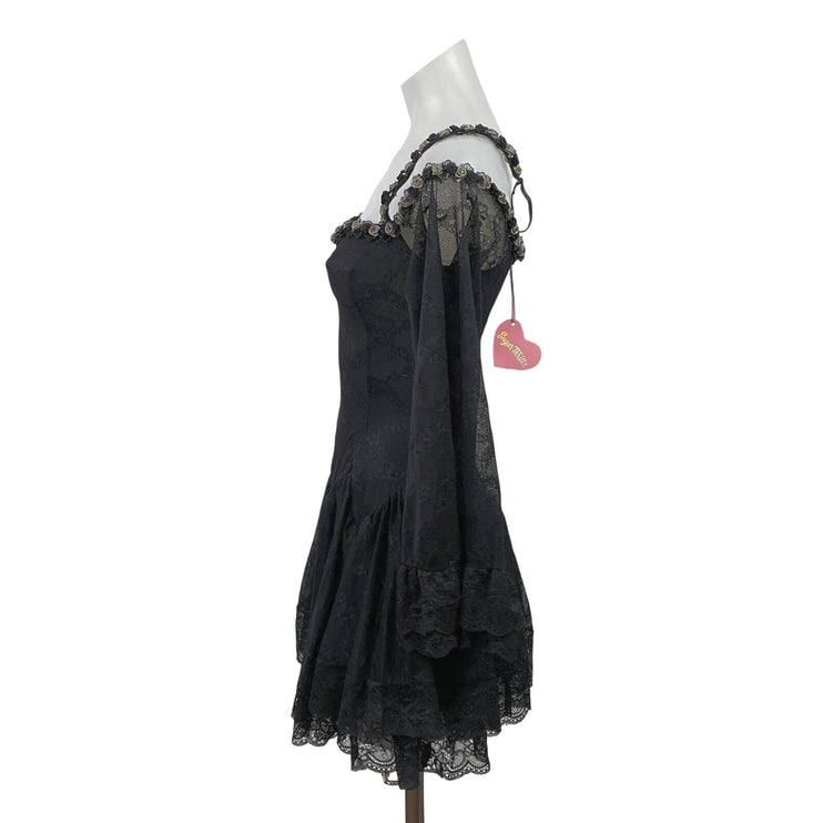 NEW Sugar Thrillz Black Lace Sheer Flowers Long Bell Sleeve Mini A-Line Dress XS