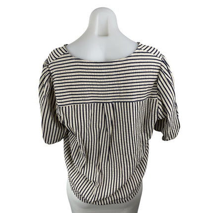 Zara Blue White Striped Tie Up Bow V Neck Short Puff Sleeve Crop Blouse Top Sz L