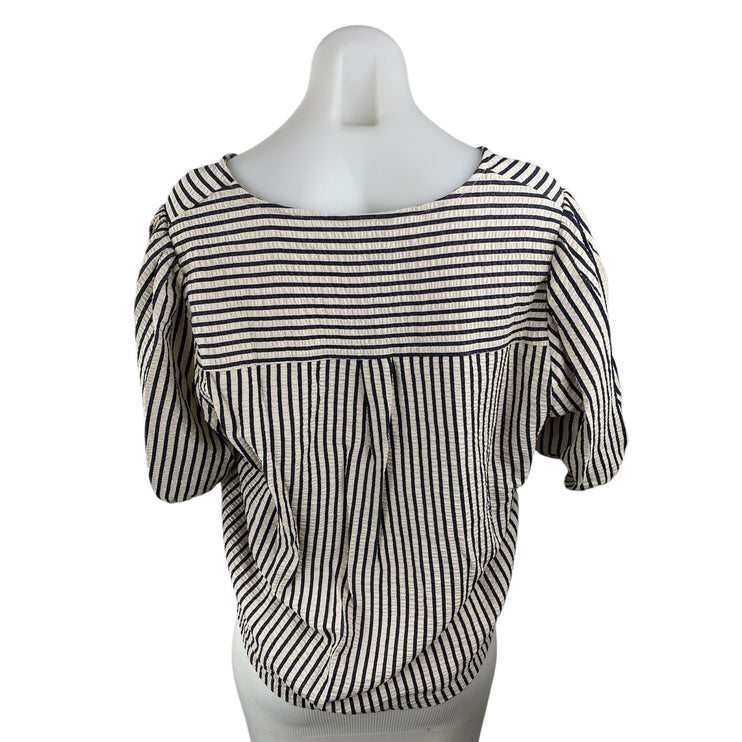 Zara Blue White Striped Tie Up Bow V Neck Short Puff Sleeve Crop Blouse Top Sz L