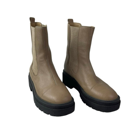 Sam Edelman Wellington Beige Tan Round Toe Slip On Mid Calf Chelsea Boots Sz 7.5