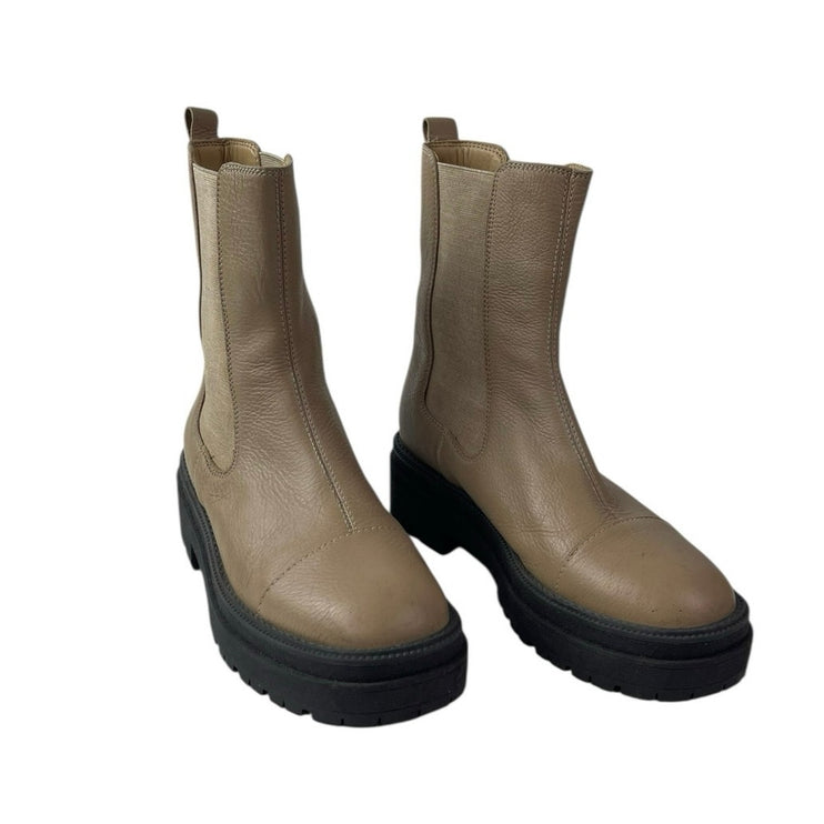 Sam Edelman Wellington Beige Tan Round Toe Slip On Mid Calf Chelsea Boots Sz 7.5