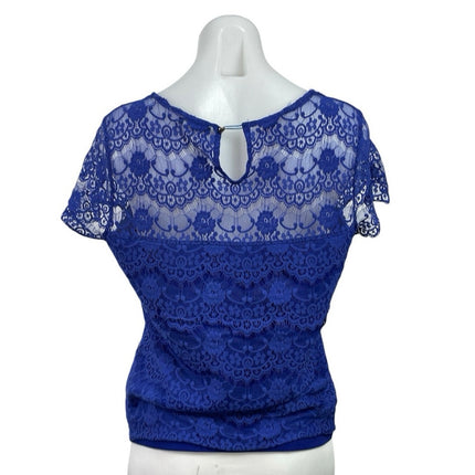 Splash Womens Blue Floral Lace Short Sleeve Round Neck Casual Blouse Top Size 14